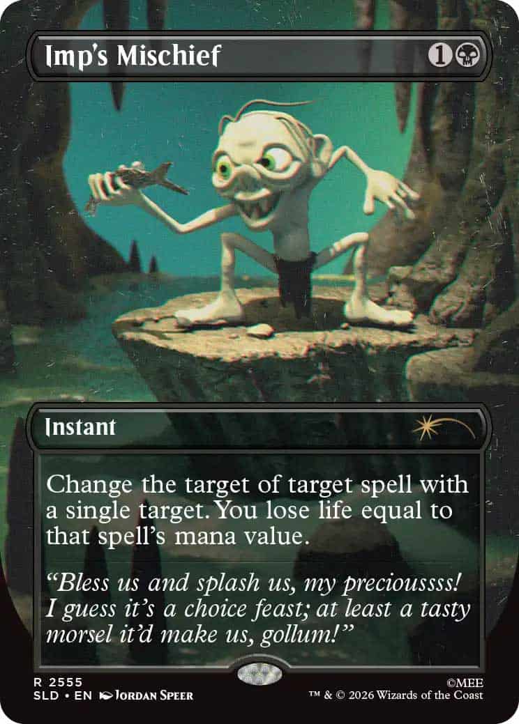 EaE28JDkW8 | The Outerhaven MTG card art: Imp's Mischief, an Instant spell, featuring a goofy green imp on a rocky outcrop in a teal cavern; card title visible at top.