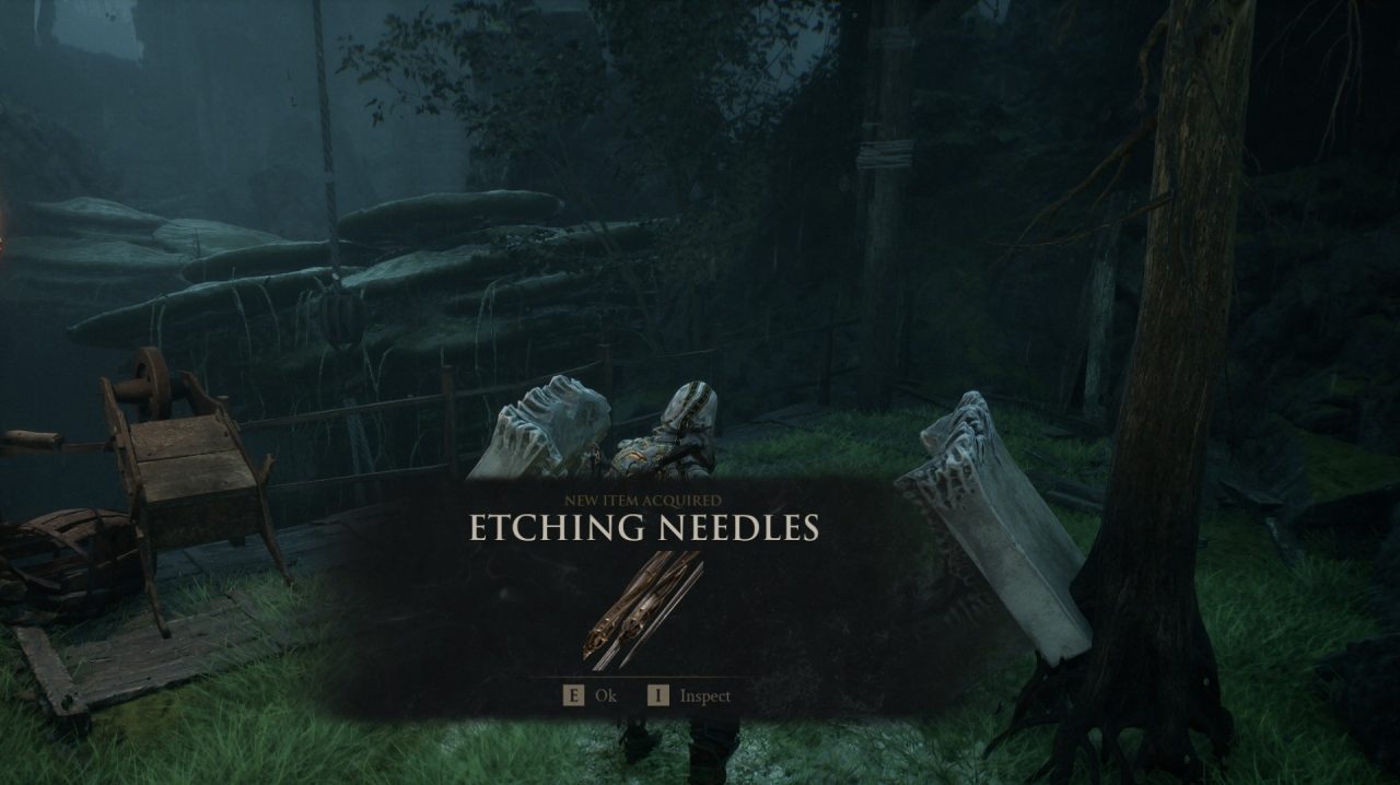Etching Needles | The Outerhaven In-game notification: New item acquired—Etching Needles—over a dark forest scene with needles shown in the foreground.