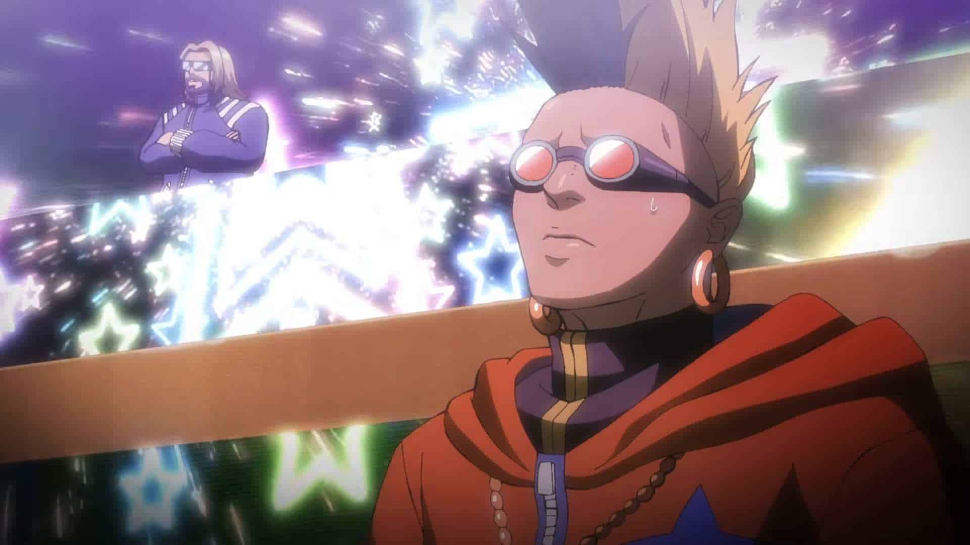 Close-up of a mohawk-wearing hero in an orange cloak and red goggles, with a neon-city backdrop and a second figure in purple in the background.