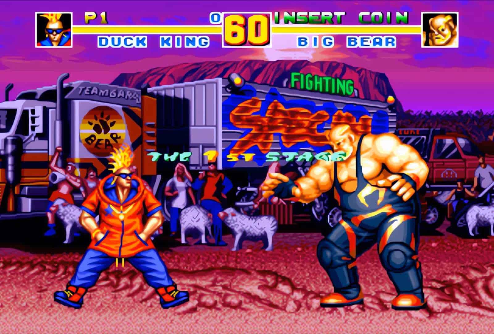 Fatal Fury Special - Duck King Arcade _ 1993 4K 60FPS 0-11 screenshot | The Outerhaven Two muscular fighters face off in a colorful arcade fighting game scene, with a graffiti truck and cheering crowd in the background.