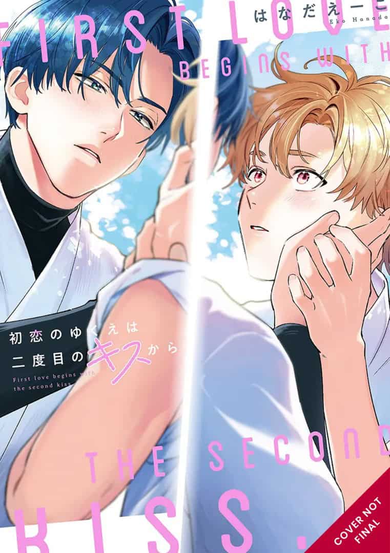 First Love Begins With the Second Kiss | The Outerhaven Manga cover showing two young men with contrasting hair colors close together, gazing at each other against a bright sky backdrop with pink title text across