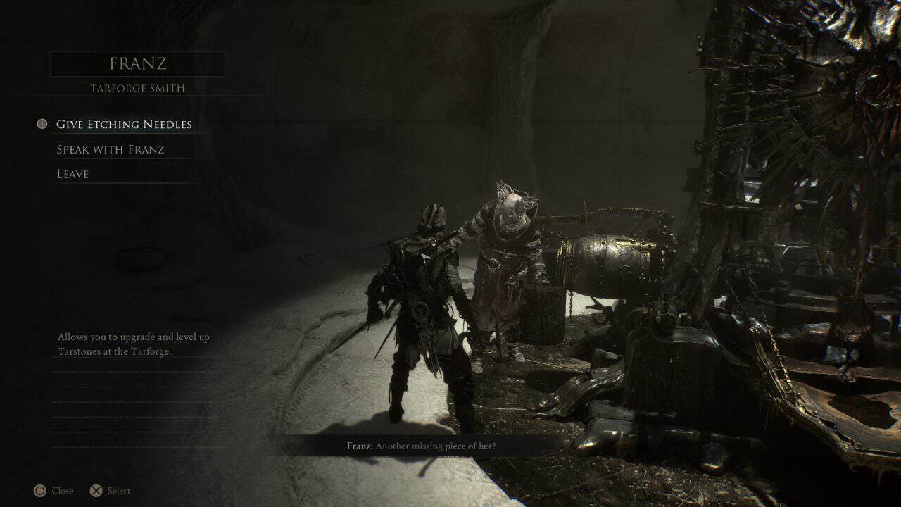 Dark game menu overlay showing Franz Tarforge Smith with options: Give Etching Needles, Speak with Franz, Leave; subtitle reads 'Franz: Another missing piece of her?'