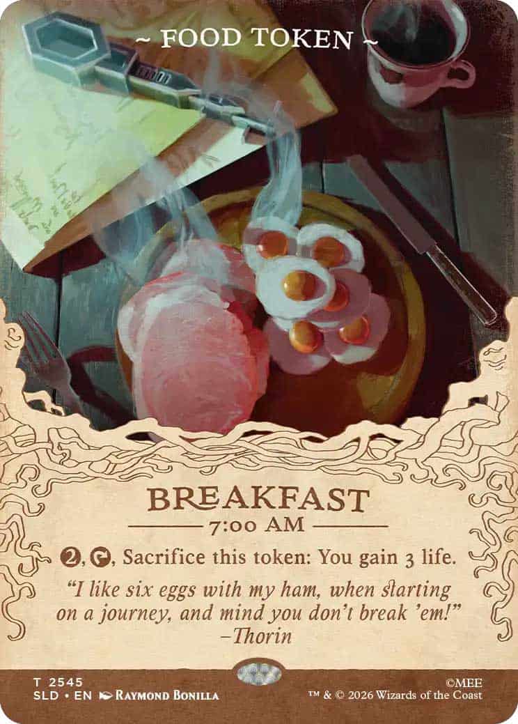 Fu8vliLI77 | The Outerhaven Card-style illustration for a game: shows a breakfast scene with a plate of food, a coffee cup, and decorative border; top text reads '~ FOOD TOKEN ~' and the bottom area says 'BREAKFAST 7:00 AM' with flavor text.