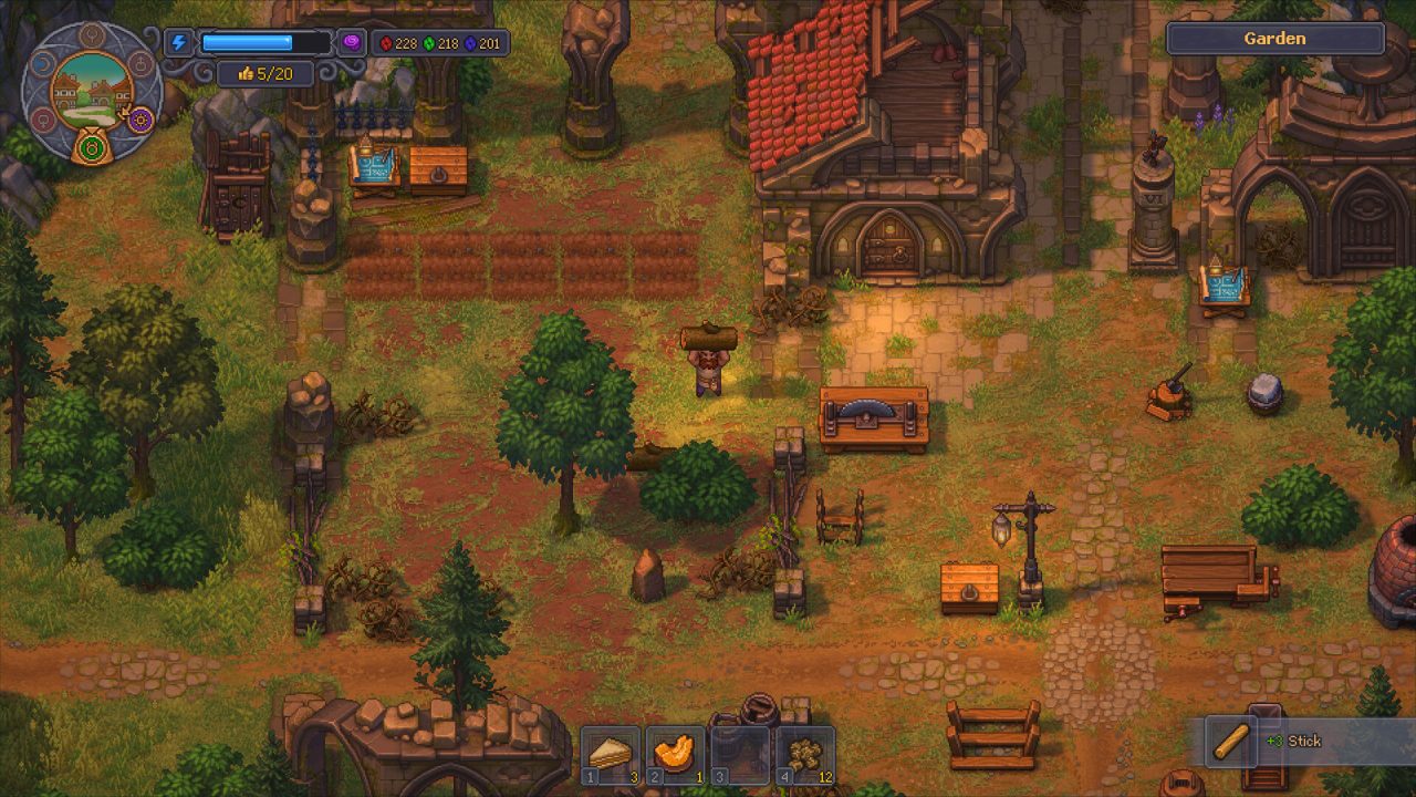 GYK2 3 | The Outerhaven Top-down RPG game scene: a village square with buildings, trees, and a character carrying a log across a dirt path.