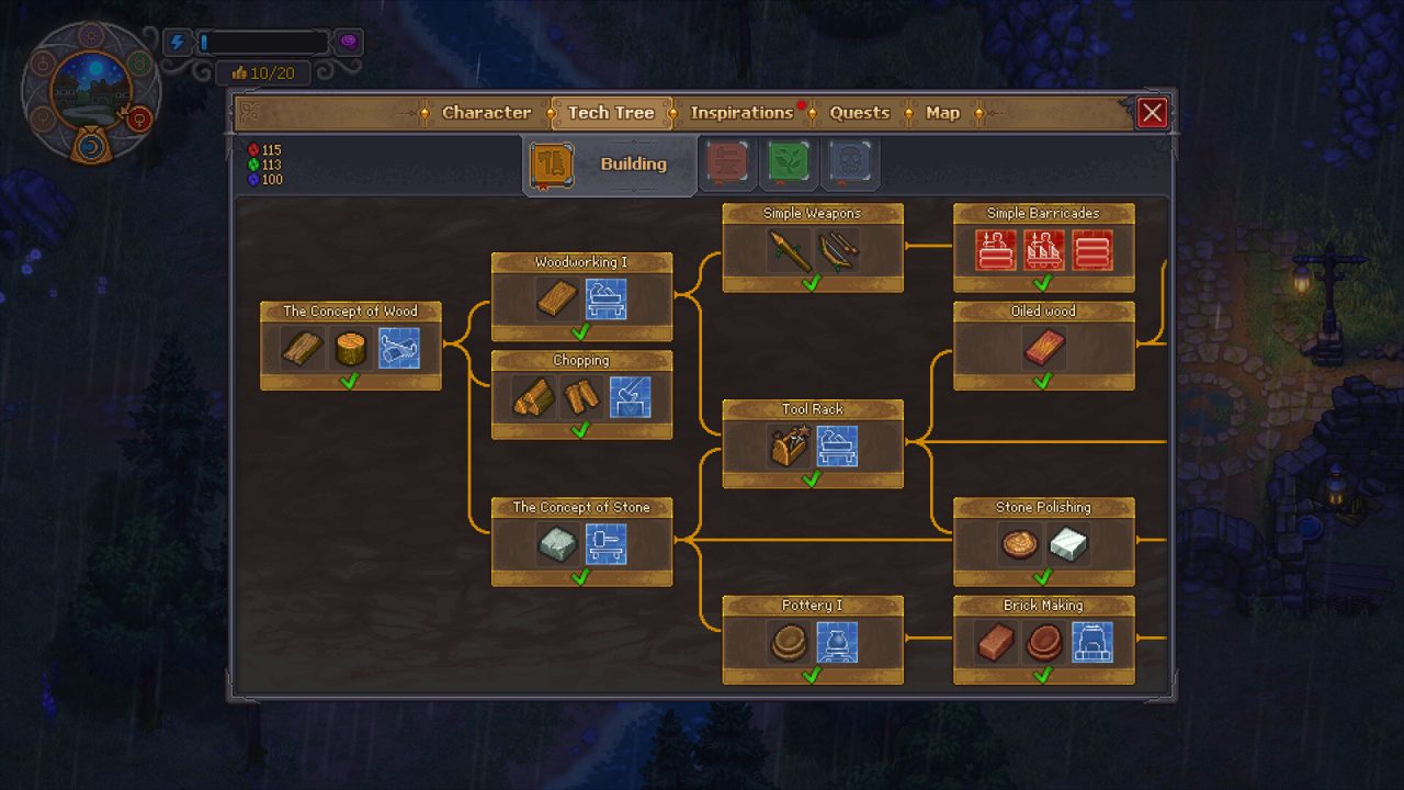 GYK2 Skilltree | The Outerhaven Tech tree screen showing Building branch with crafting nodes and green check marks in a fantasy game UI.
