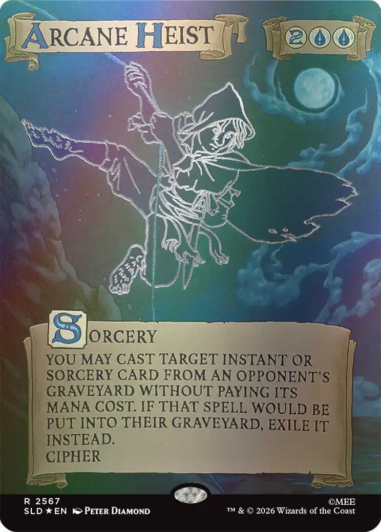 HLpSMoSef0 | The Outerhaven Front of Arcane Heist card: hooded rogue swinging on a rope under a moonlit sky; mana cost 2 blue water icons; title Arcane Heist with a parchment banner; spell text begins 'You may cast target instant or sorcery... from an opponent's graveyard'