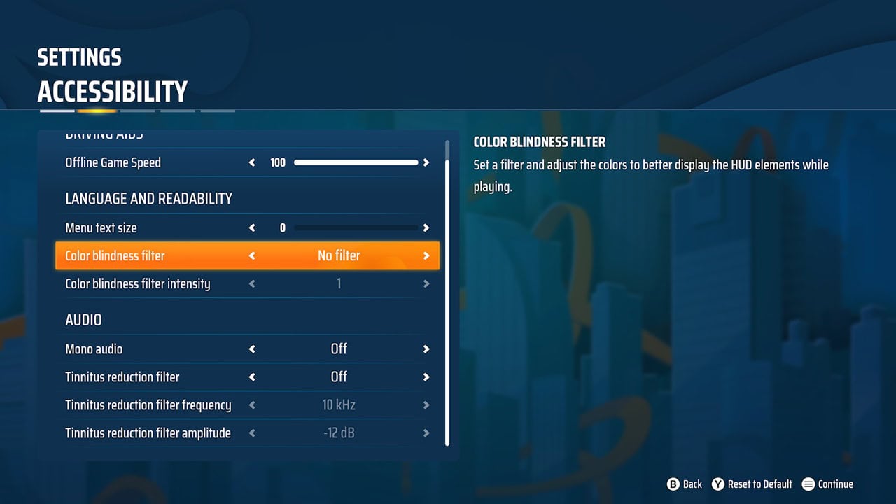 HOT WHEELS™ Infinite Rush- 1 Accessibility Video game Settings: Accessibility panel with 'Color blindness filter' row highlighted in orange and set to 'No filter'; right side explains the filter