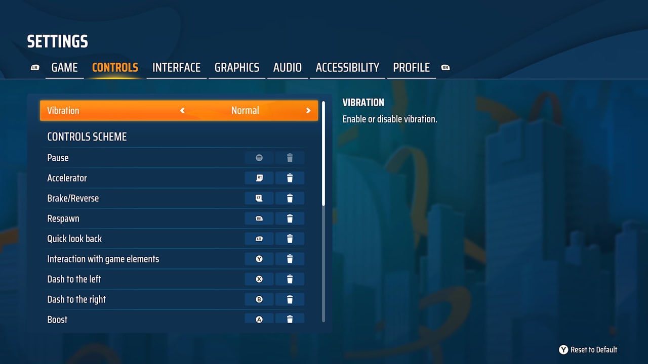 HOT WHEELS™ Infinite Rush- 1 Controls Game settings screen with the Controls tab active; list of actions (Pause, Accelerator, Brake/Reverse, etc.) and a Vibration description on the right.