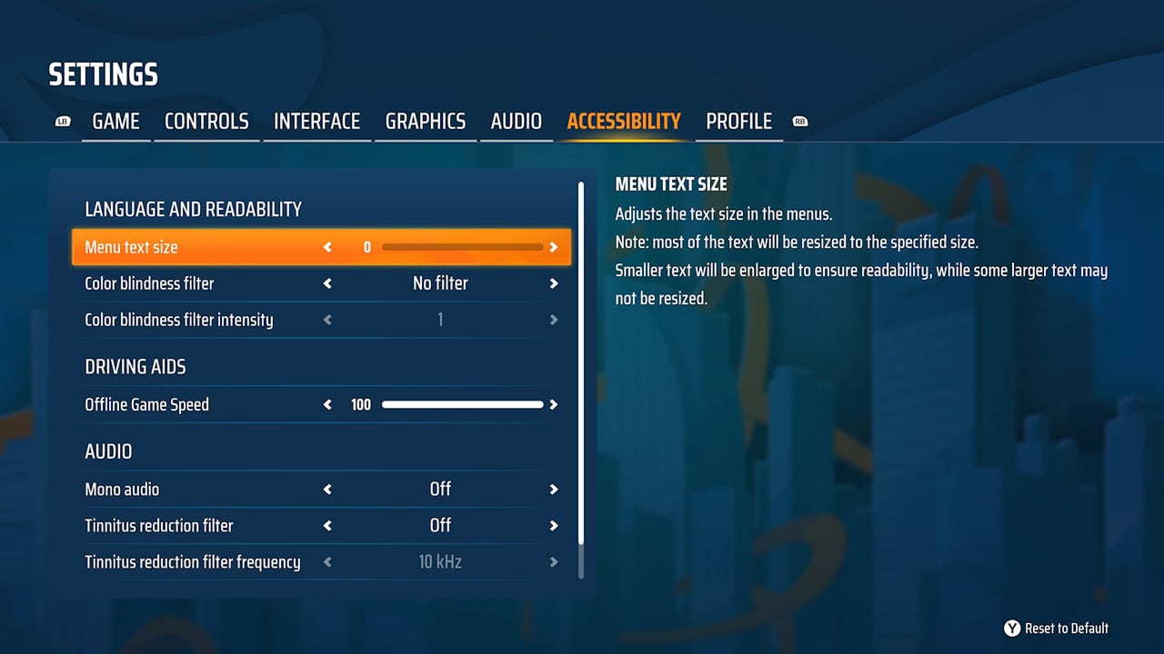 HOT WHEELS™ Infinite Rush- 1 Settings Settings menu with Accessibility tab selected; left column shows Language and Readability options, Menu text size highlighted in orange, right panel explains text size adjustments.