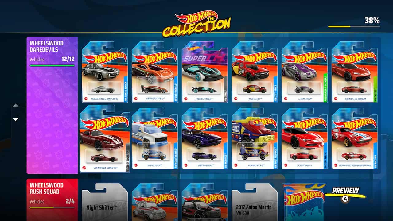 HOT WHEELS™ Infinite Rush-Collection | The Outerhaven Screenshot of a Hot Wheels collection screen showing many car cards in two rows, with a purple WHEELSWOOD panel on the left and a 38% progress bar at top-right.