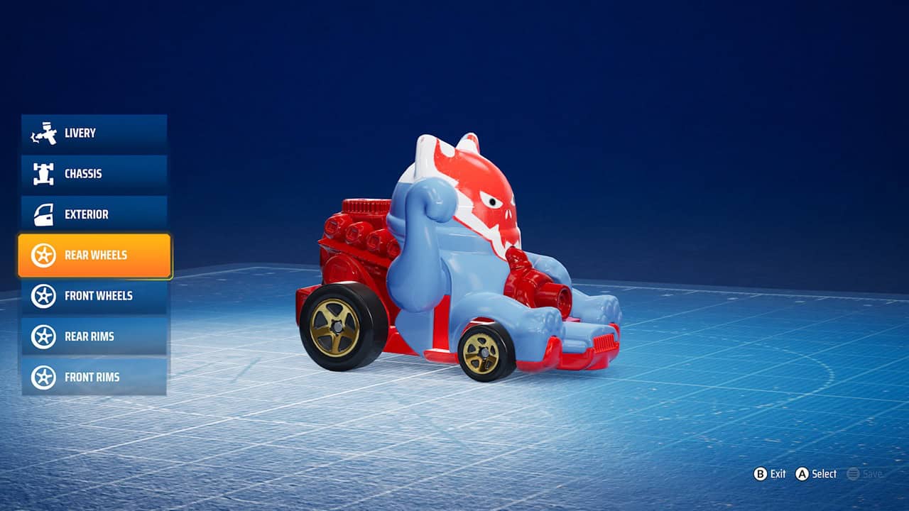 HOT WHEELS™ Infinite Rush-Custom Paint | The Outerhaven In-game kart customization screen showing a blue-red toy car; left vertical menu lists LIVERY, CHASSIS, EXTERIOR, REAR WHEELS (selected), FRONT WHEELS, REAR RIMS, FRONT RIMS.