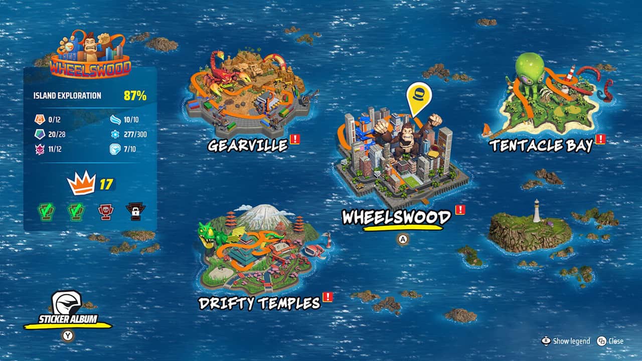 HOT WHEELS™ Infinite Rush- Maps | The Outerhaven Map screen of a fantasy game world showing Wheelswood at center with Gearville and Tentacle Bay islands; progress 87%. Left panel shows stats and a crown badge (17).