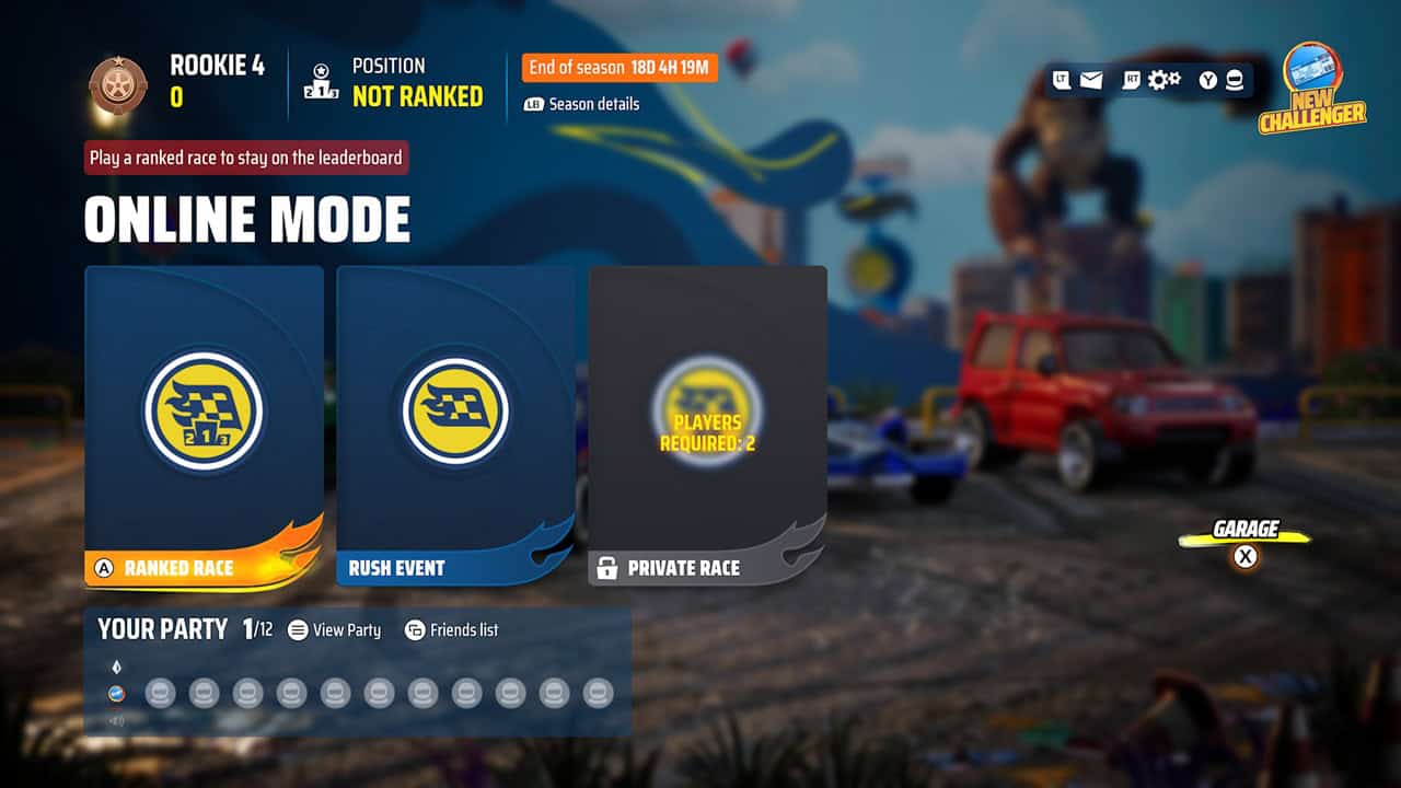 HOT WHEELS™ Infinite Rush-Online Modes | The Outerhaven Online race lobby with three mode cards: Ranked Race, Rush Event, Private Race; Your Party bar at bottom.