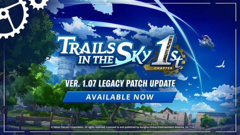 Trails in the sky logo patch | The Outerhaven Art of the logo of Trails in the Sky 1st Chapter. Underneath is the words "Ver. 1.07 Legacy Patch Update Available Now"