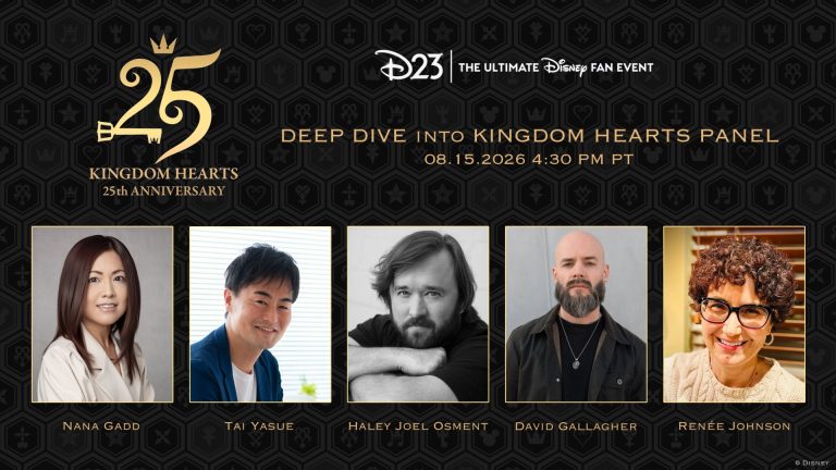Banner for Kingdom Hearts 25th anniversary Deep Dive panel at D23 with five speaker portraits: Nana Gadd, Tai Yasue, Haley Joel Osment, David Gallagher, and Renée Johnson.