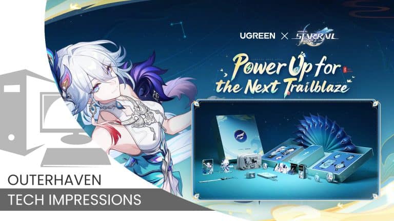 Honkai star rail ugreen | The Outerhaven Promotional banner with an anime-style character on the left, blue space background, and product display within a framed panel, advertising 'Power Up for the Next Trailblaze'.