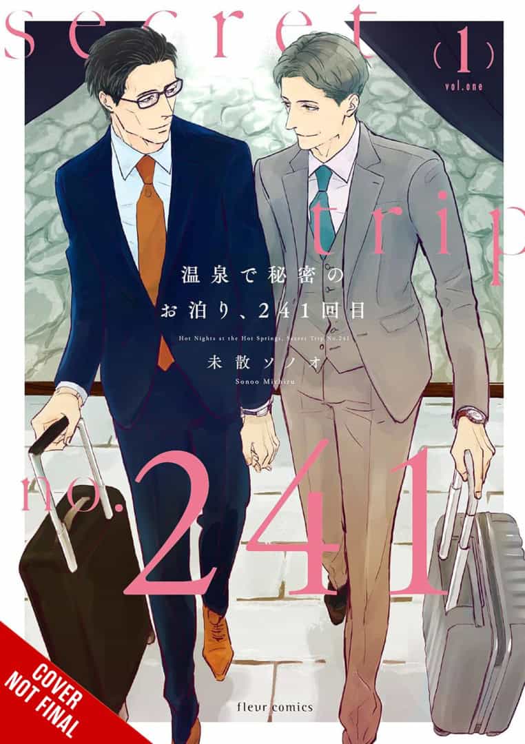 Hot Nights at the Hot Springs Secret Trip No 241 | The Outerhaven Cover of a manga: two men in suits with rolling suitcases walk down stairs, pink stylized title text overlaid, volume 1 indicator visible.