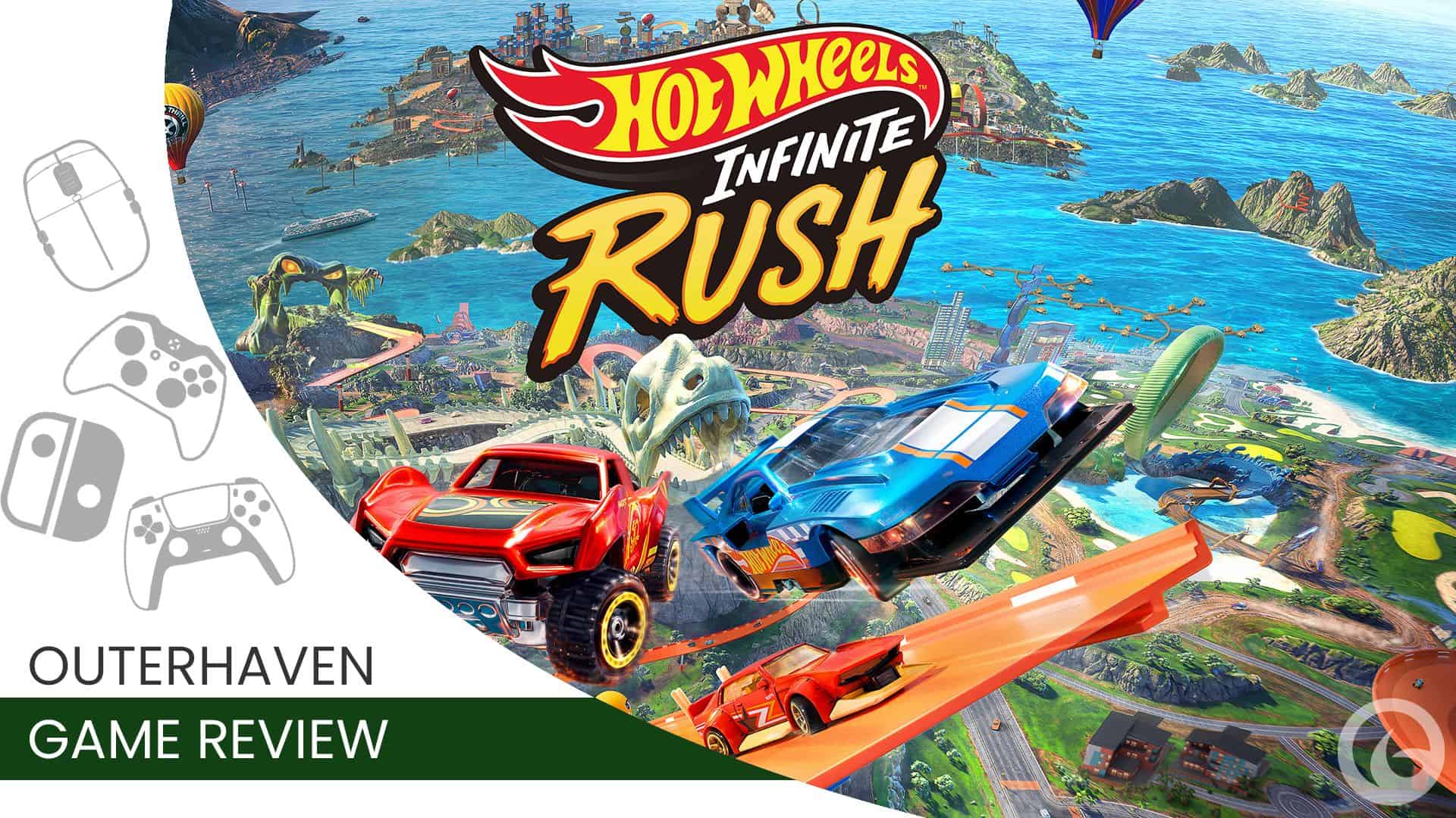 Promotional banner for Hot Wheels Infinite Rush with colorful race cars on a winding track above a coastal island; includes 'Outerhaven Game Review' text.