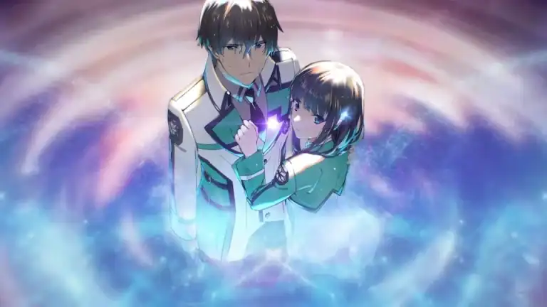 Two anime-style characters in sci-fi uniforms stand close, a glowing purple gem between them, surrounded by swirling space-like colors.