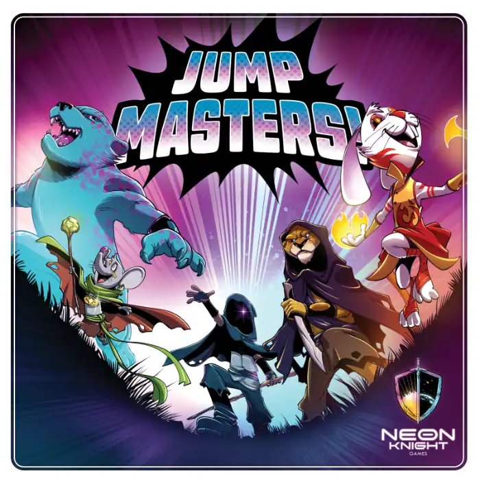 Jump Masters | The Outerhaven Cover art for Jump Mastery featuring a band of adventurers—hooded warrior, cloaked archer, armored fighter, and a rabbit-mage—against a purple gradient background with the Neon Knight Games logo in the lower-right.