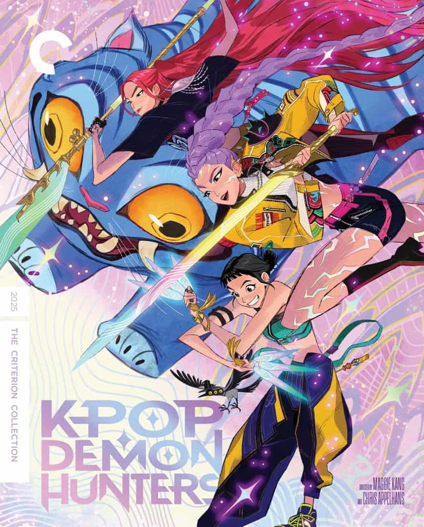 KPop Demon Hunters Criterion Collection Cover | The Outerhaven Vibrant fantasy comic cover with three warriors riding a blue dragon, wielding glowing swords amid pink and purple swirls, title 'KOP DEMON HUNTERS' at bottom.