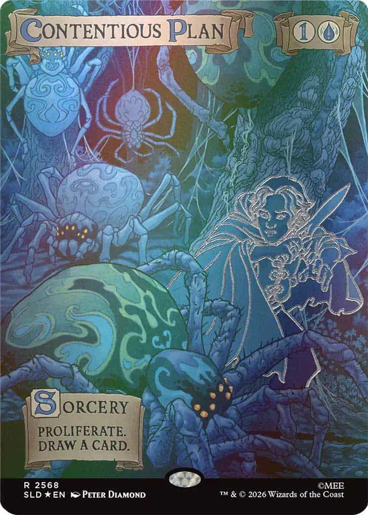 KaXamdmdXz | The Outerhaven MTG card 'Contentious Plan' with blue-green art of a robed figure among spiders; Sorcery — Proliferate, Draw a card.