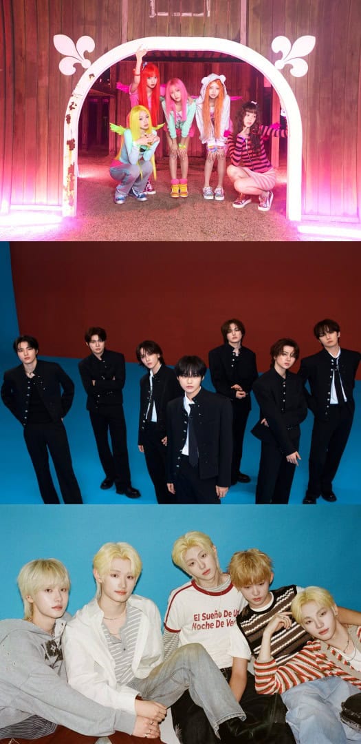 KiiiKiii AEN Splayit | The Outerhaven K-pop girl group posing under a pink-lit arch, colorful outfits, white decorative arch in a wooden setting; then a male group in black suits against a blue backdrop; finally a blonde-haired male group lounging on a bright backdrop.