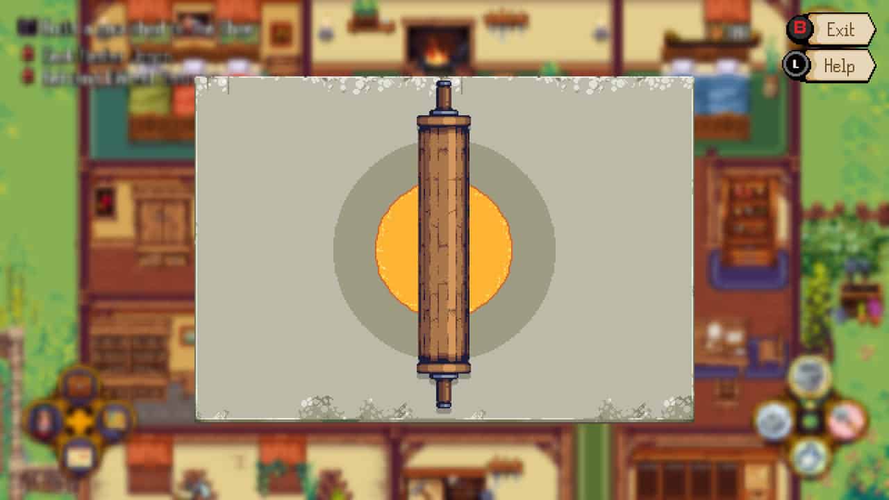 Kynseed-Baking In-game UI overlay with a central parchment-like card displaying a vertical wooden scroll and an orange sun-like circle behind it.