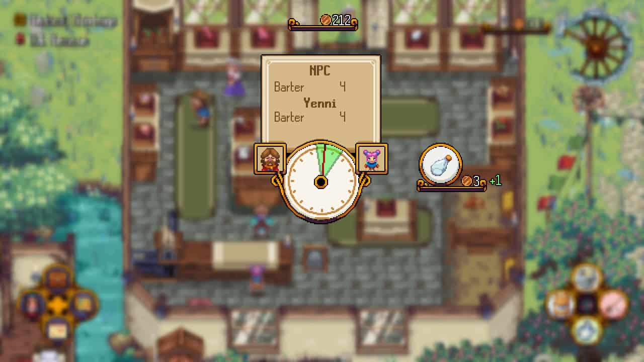 Kynseed-Barter MiniGame Pixel-art RPG barter screen: NPC Yenni with two character icons, a parchment showing 'Barter 4' for each, and a circular gauge below.