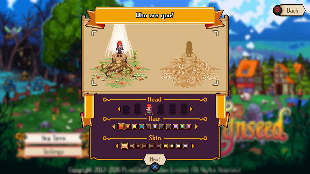 Kynseed-Character Creation | The Outerhaven Character creation screen: title'Who are you?' with two preview portraits, customization options for Head, Hair, Skin, and color swatches on a purple panel.