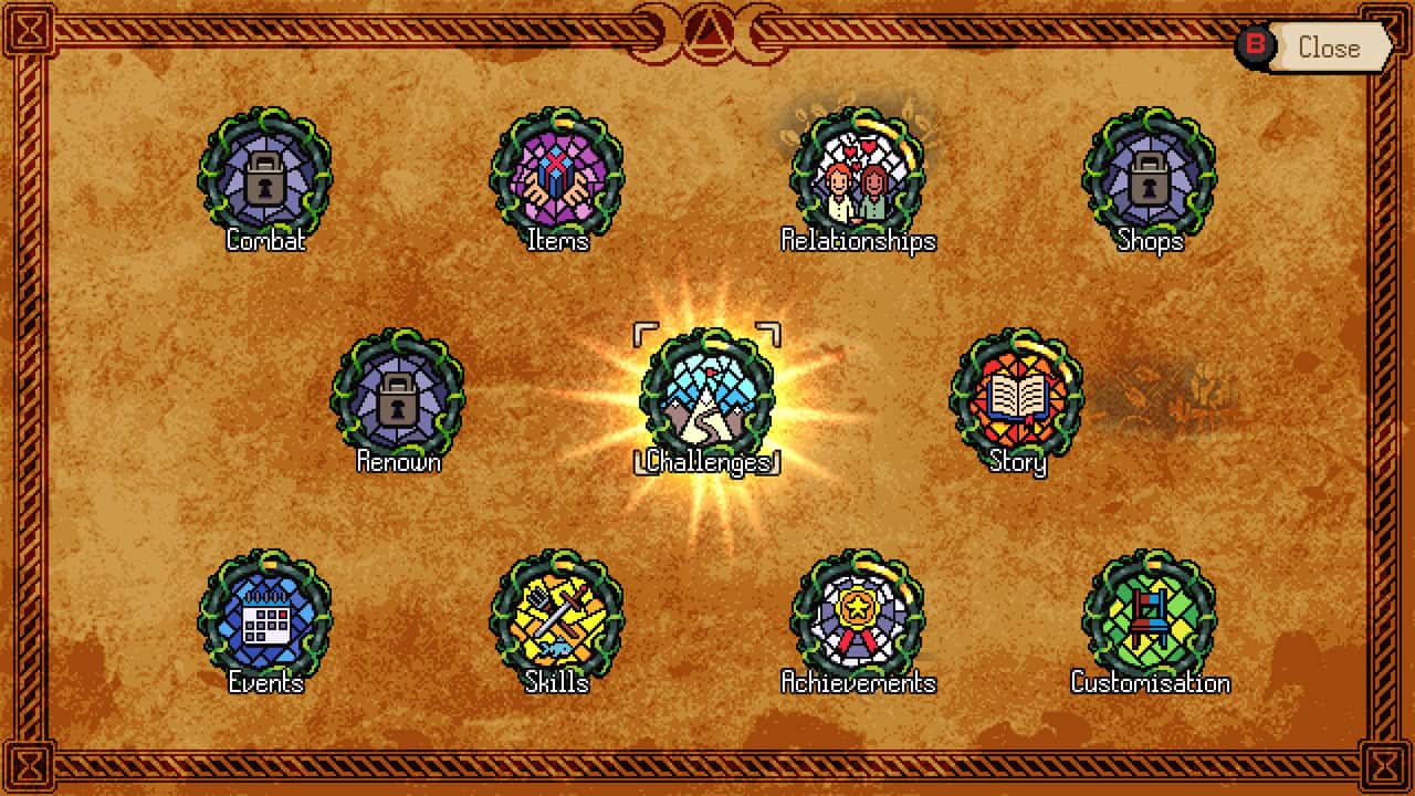Kynseed-Menu | The Outerhaven Video game main menu with circular icons for Combat, Items, Relationships, Shops, Renown, Challenges (center), Story, Events, Skills, Achievements, and Customisation on an orange textured background