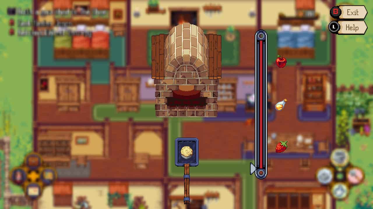 Kynseed-Oven minigame Top-down game scene: a large brick oven centered in a cozy kitchen, with a tall vertical progress bar to the right and scattered food items nearby.