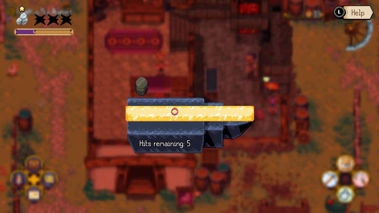 Kynseed-Smithy Mini Game Pixel-art game trap: a yellow bar over a blue mechanism with the text 'Hits remaining: 5' (hazard/weapon in a dungeon scene).