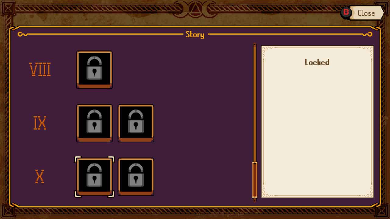 Kynseed-Story Chapters | The Outerhaven Story chapter screen showing chapters VIII, IX, and X locked with padlock icons; right panel indicates Locked status in decorative UI.