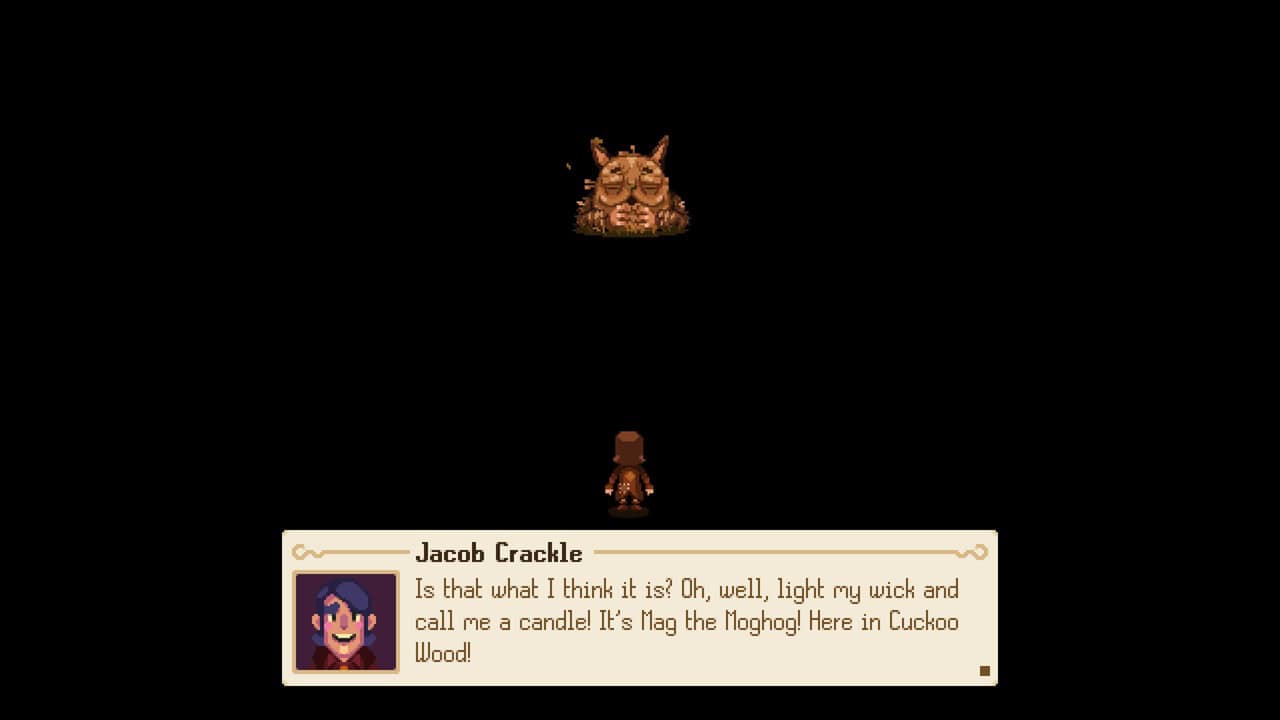 Kynseed-Story Cutscene | The Outerhaven Pixel-art game scene: a small hero stands before a large brown moghog in a dark background; dialogue box labeled'Jacob Crackle' shows the line about lighting his wick.