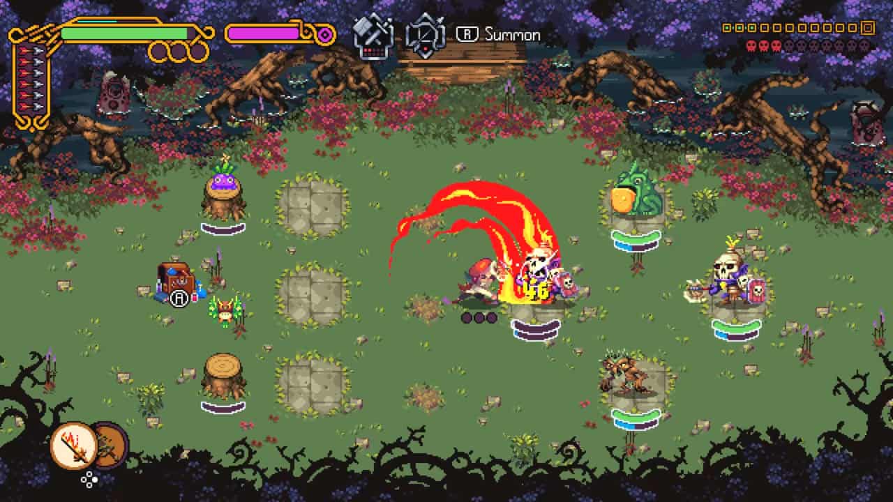 Kynseed_04 | The Outerhaven Pixel-art battle scene on a grassy arena with multiple sprite characters and a red flame attack center-stage, RPG HUD visible at top and units surrounding a beatable boss.