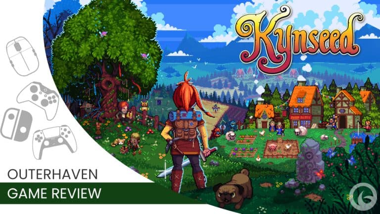 Banner for a Kynseed game review: a pixel-art village scene with a red-haired hero standing by a large tree, colorful cottages, and a bright sky, plus 'Kynseed' logo and 'Outerhaven Game Review' text.