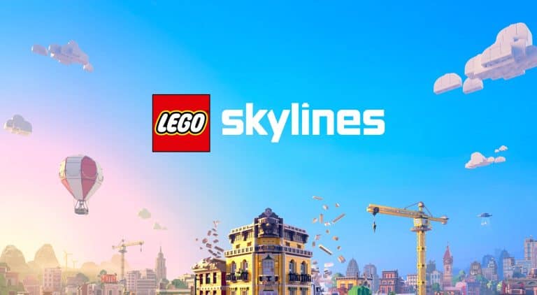 LEGOSkylines-Keyart-Logo-FullPNG | The Outerhaven LEGO Skylines banner with the LEGO logo over a bright blue sky and a cityscape built from bricks at sunset.