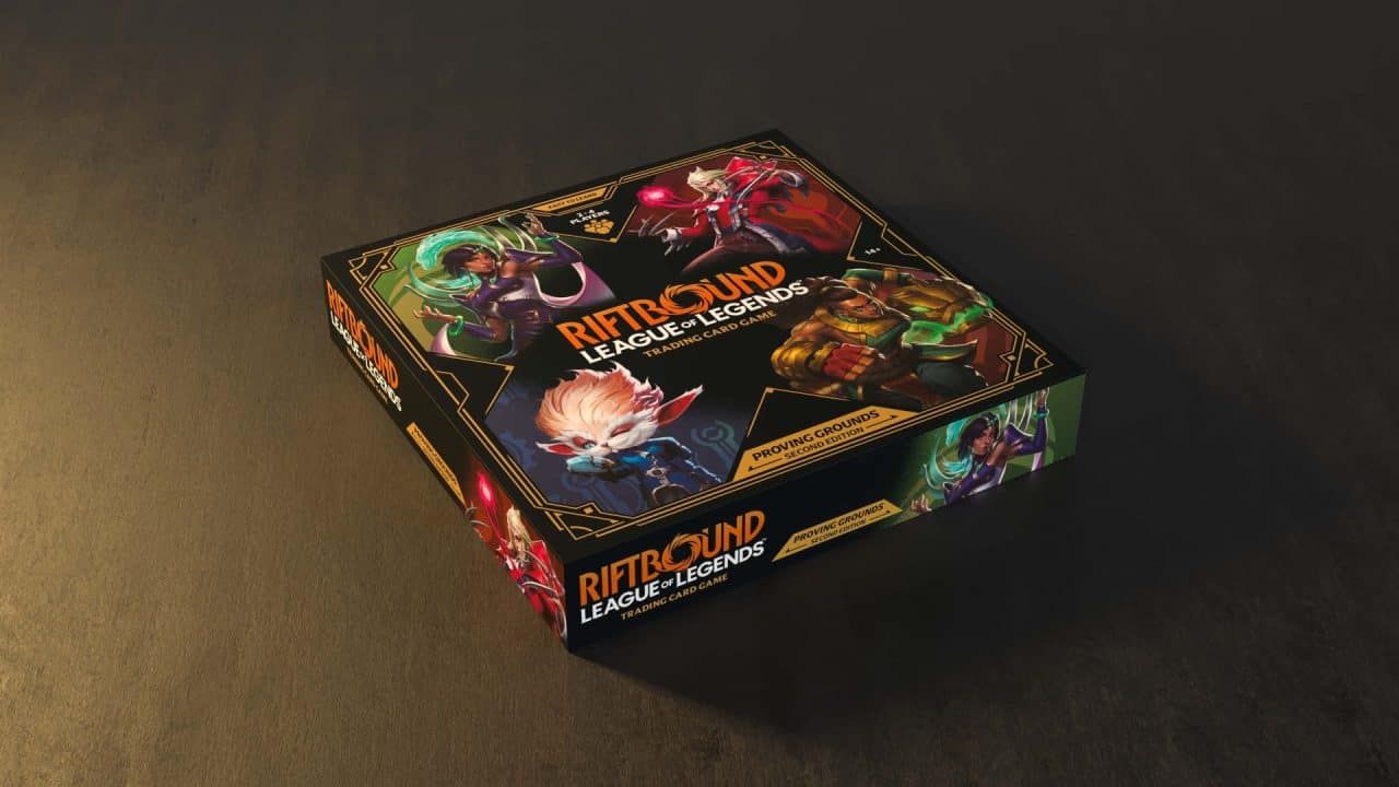LOL-Packaging_Renders-SOTG-Proving_Grounds_2-3840x2160 | The Outerhaven Box for Riftborn: League of Legends trading card game, Proving Grounds Second Edition, shown on a dark surface.