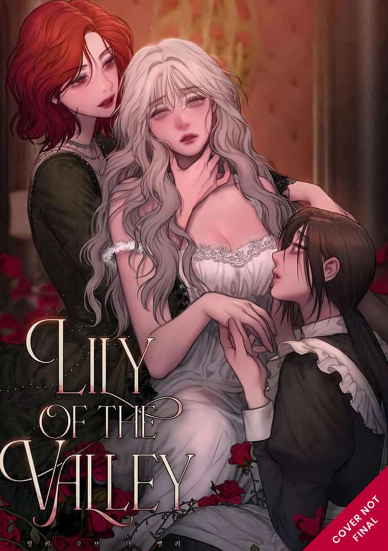 Lily of the Valley | The Outerhaven Romantic book cover illustration featuring a pale woman in a white dress flanked by two women, with red roses and elegant dark outfits; title Lily of the Valley.
