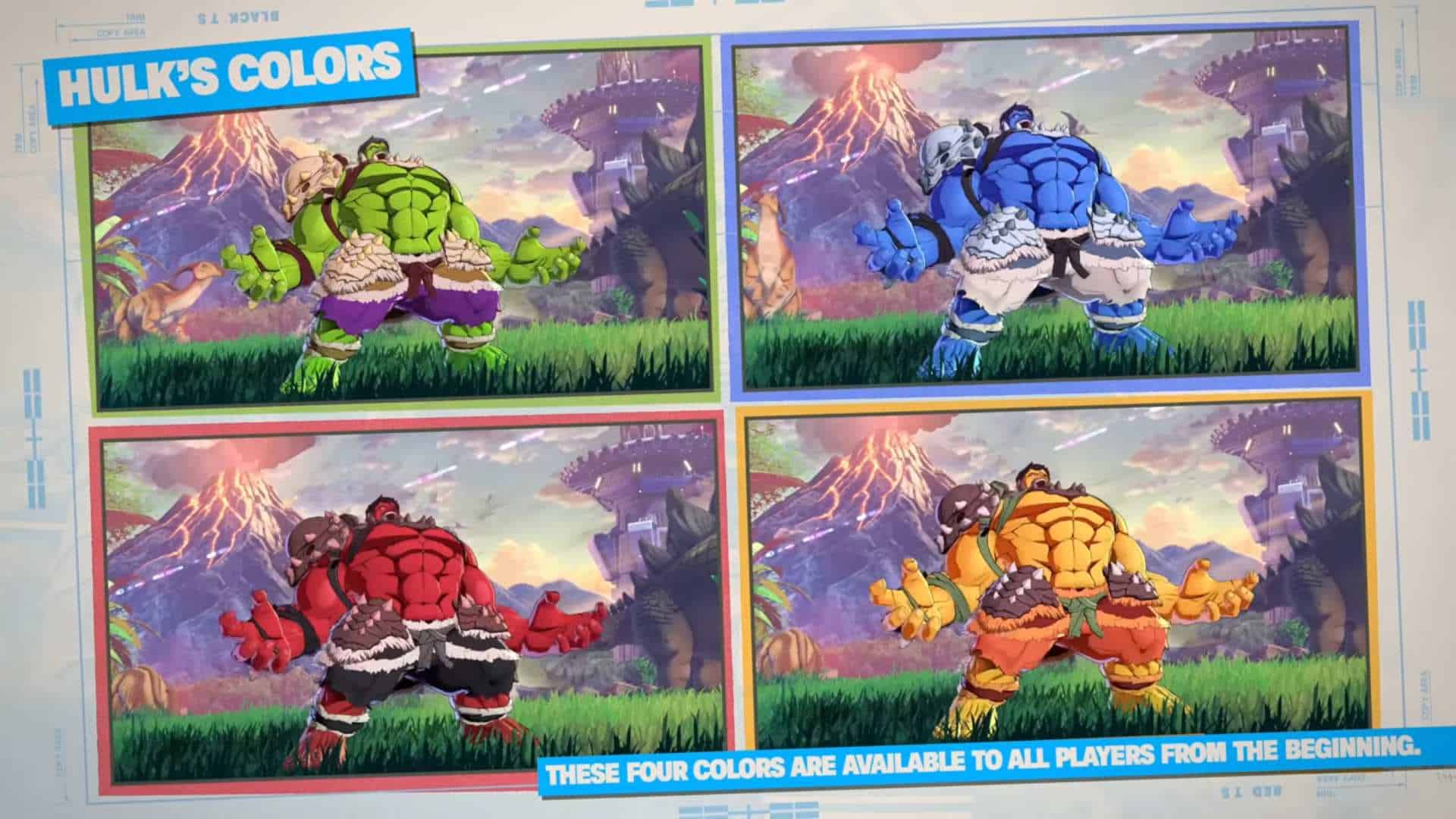 MARVEL Tokon_ Fighting Souls - Official Hulk Character Gameplay Guide 0-16 screenshot | The Outerhaven Four Hulks in different colors (green, blue, red, orange) stand in a grassy field with a volcanic landscape in the background.",