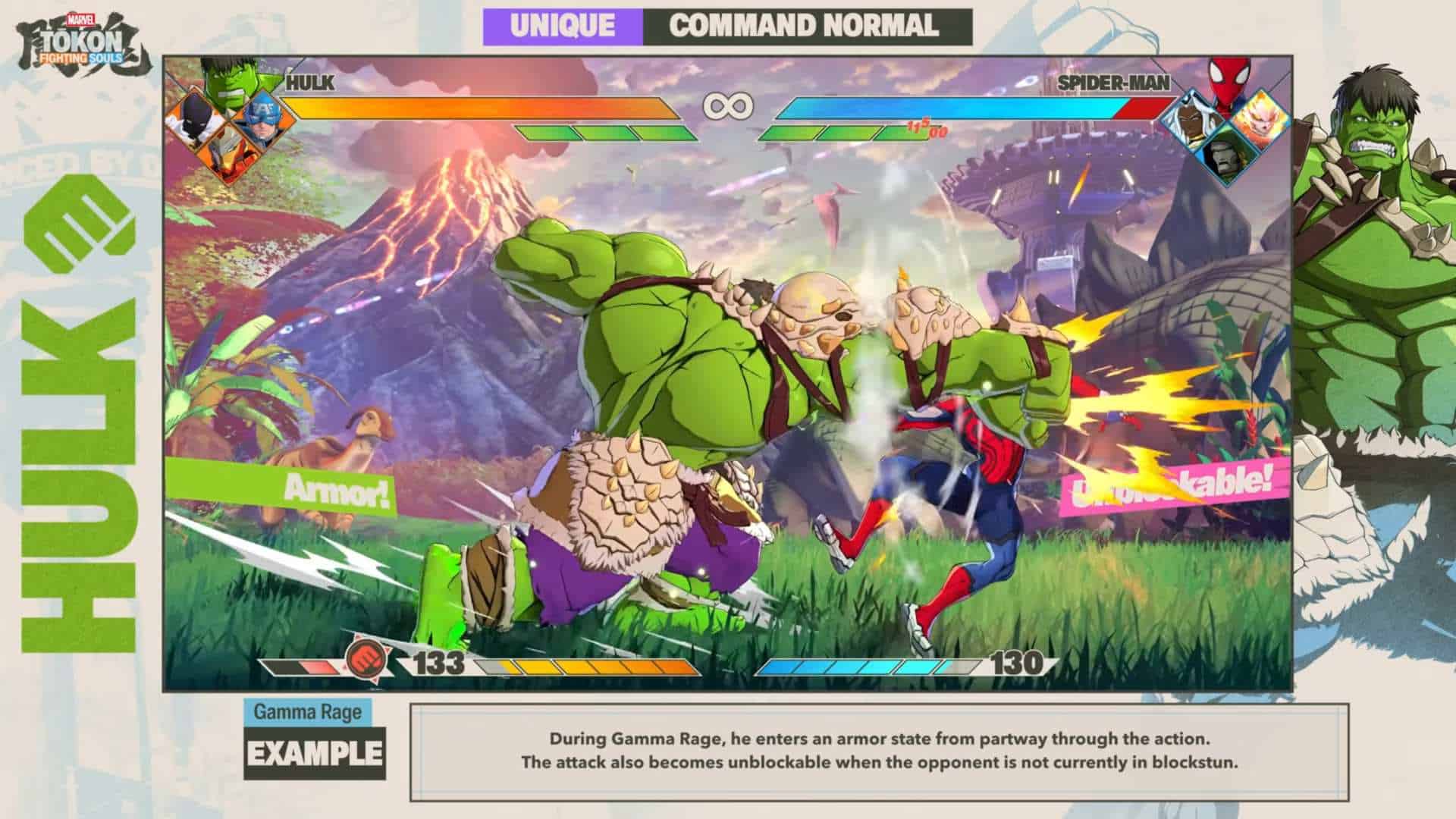 MARVEL Tokon_ Fighting Souls - Official Hulk Character Gameplay Guide 1-21 screenshot | The Outerhaven Comic-style Hulk vs Spider-Man battle with health bars and corner portraits on a colorful arena backdrop.