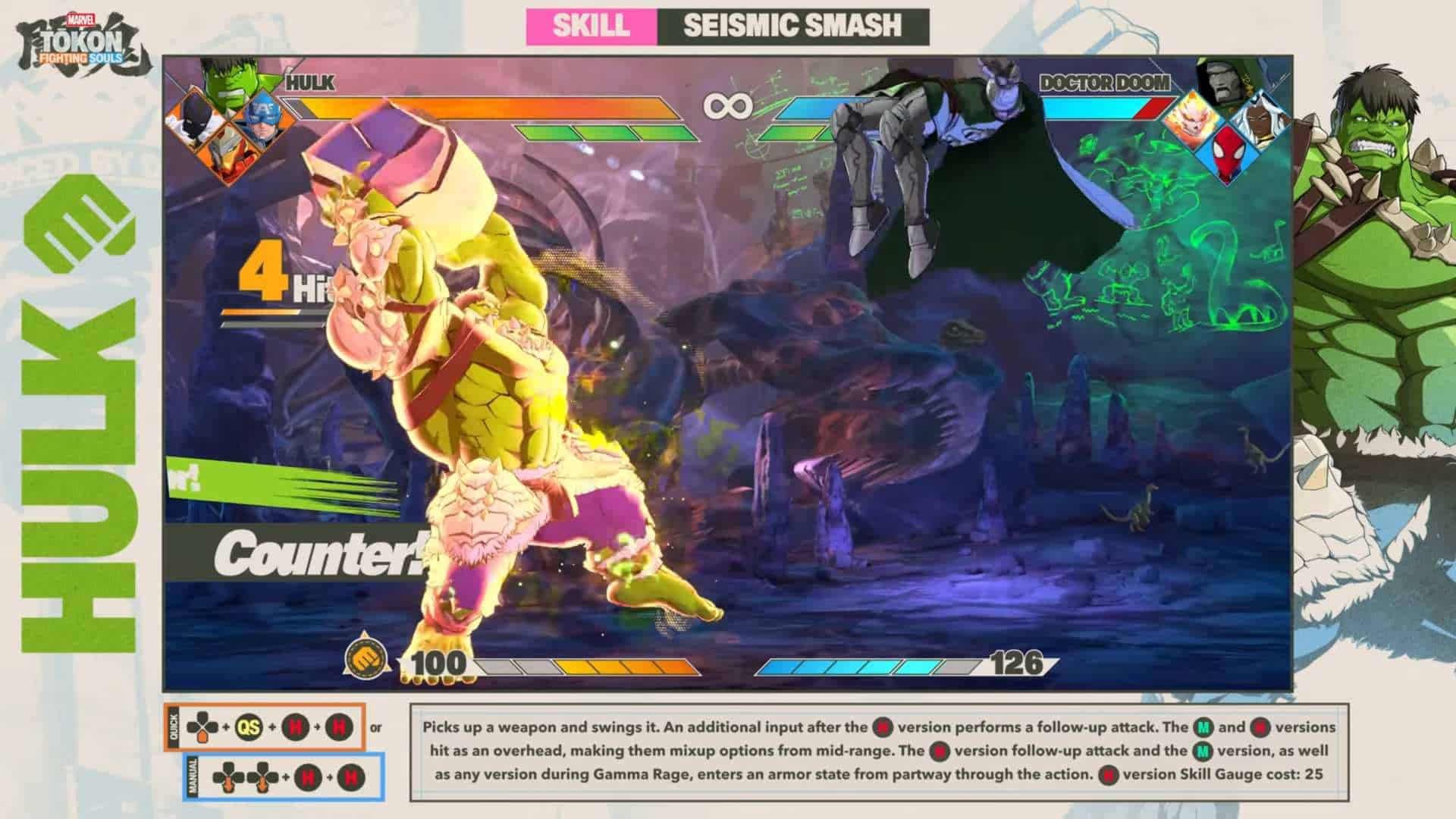 MARVEL Tokon_ Fighting Souls - Official Hulk Character Gameplay Guide 3-37 screenshot | The Outerhaven Hulk vs. Doctor Doom fight in a Marvel fighting game, with health bars, meter gauges, and a '4 Hit' combo on screen.