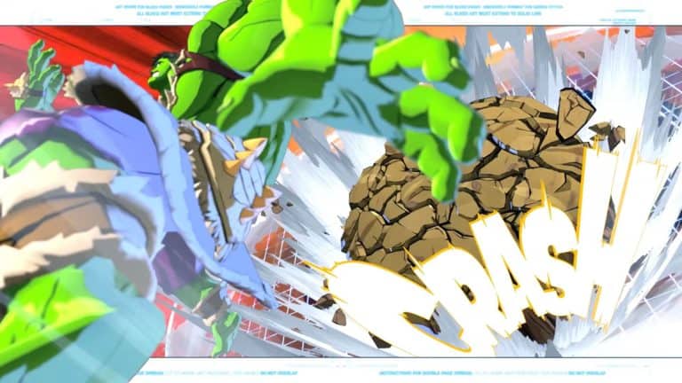 Dynamic comic-style battle scene: a green muscular hero lunges at a rocky foe amid explosions and energy bursts.