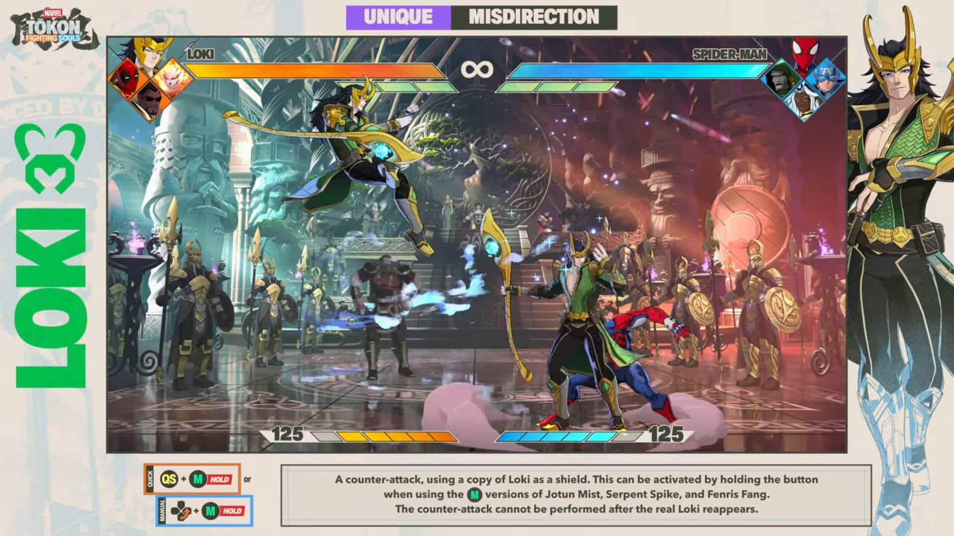 MARVEL Tokon_ Fighting Souls - Official Loki Laufeyson Character Gameplay Guide 2-0 screenshot | The Outerhaven Fighting game screenshot with Loki (left) vs Spider-Man (right) in a fantasy arena; health bars and portraits at the top corners, action in the center.