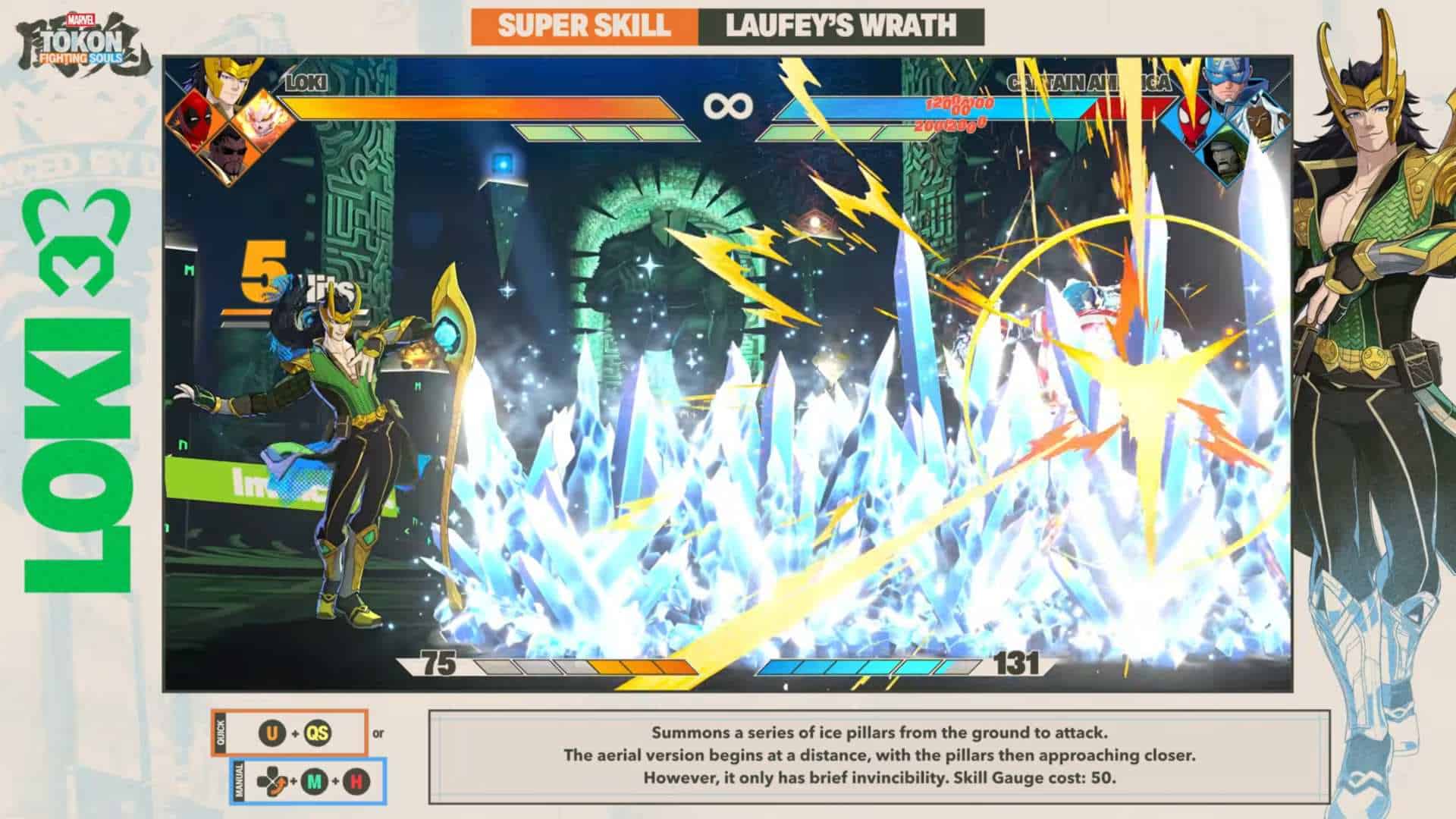 MARVEL Tokon_ Fighting Souls - Official Loki Laufeyson Character Gameplay Guide 4-31 screenshot | The Outerhaven Fighting game screenshot with Loki on the left and a foe on the right, executing 'Laufey's Wrath' as ice pillars burst upward; health bars are at the top and a details box sits at the bottom.