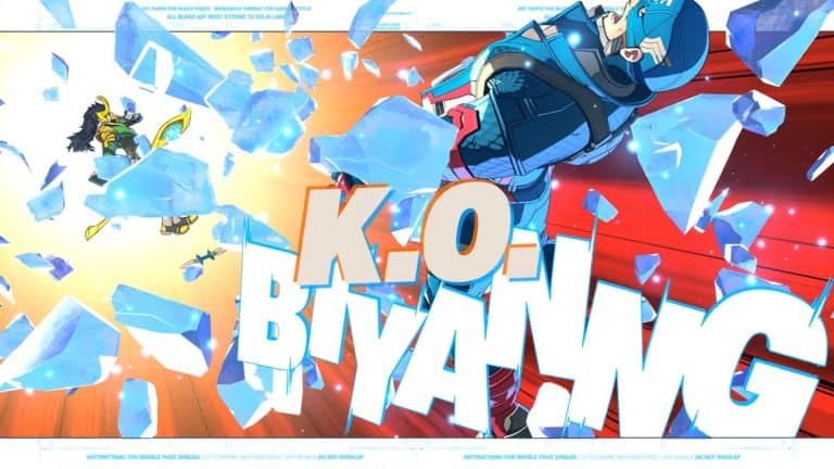 Dynamic comic panel of a blue armored hero delivering a punch as ice shards fly around and a large KO text dominates the foreground, conveying impact and victory.