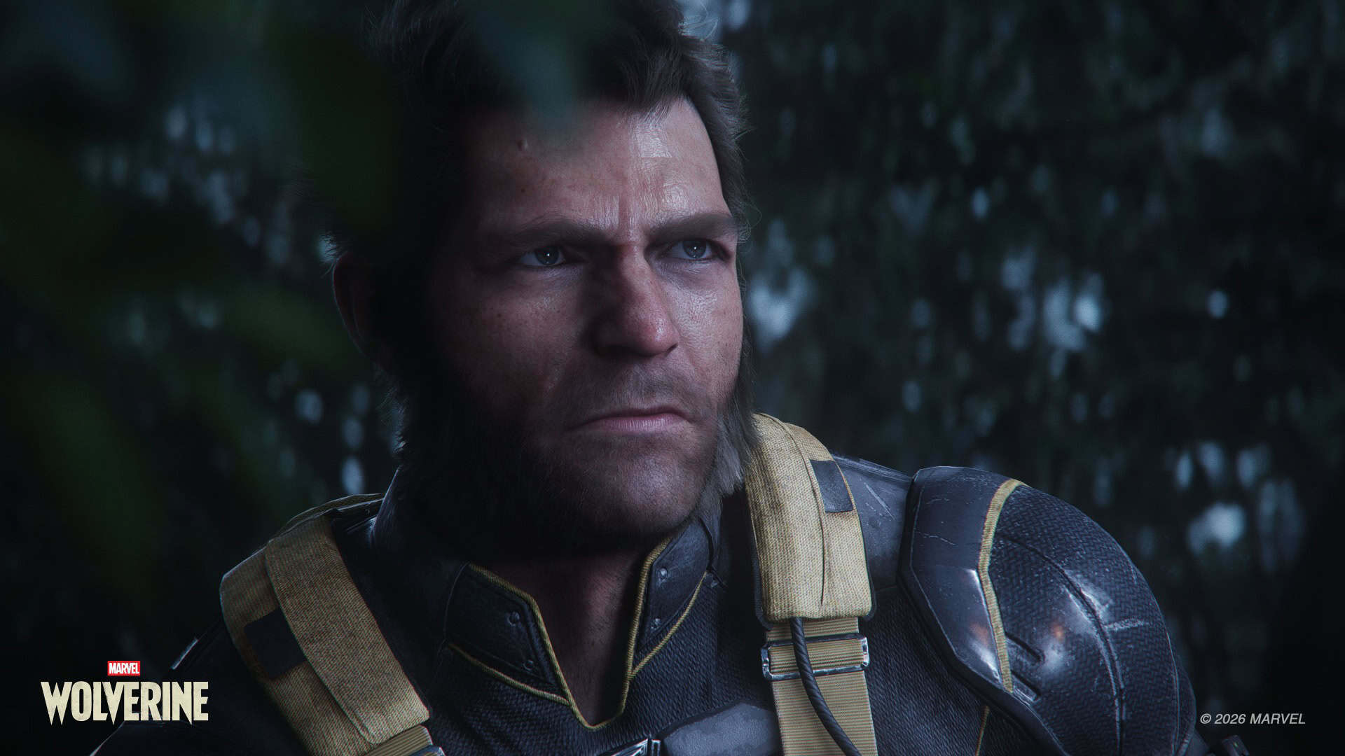 MW_PREVIEWS_LOGAN_4k_2026 | The Outerhaven Close-up portrait of Wolverine from Marvel in tactical armor, looking intently to the left.