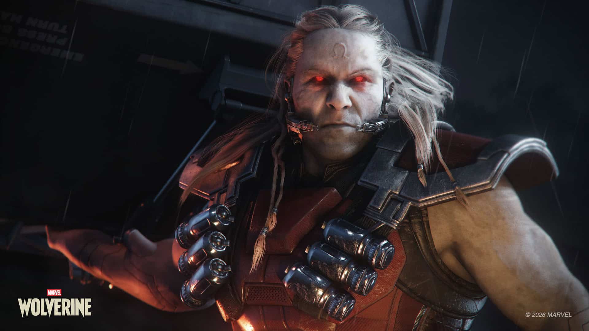 MW_PREVIEWS_OMEGARED_4k_2026 | The Outerhaven Close-up of Omega Red from Insomniac Games Wolverine in red armor with glowing red eyes and metal jaw restraints, rain in the background.