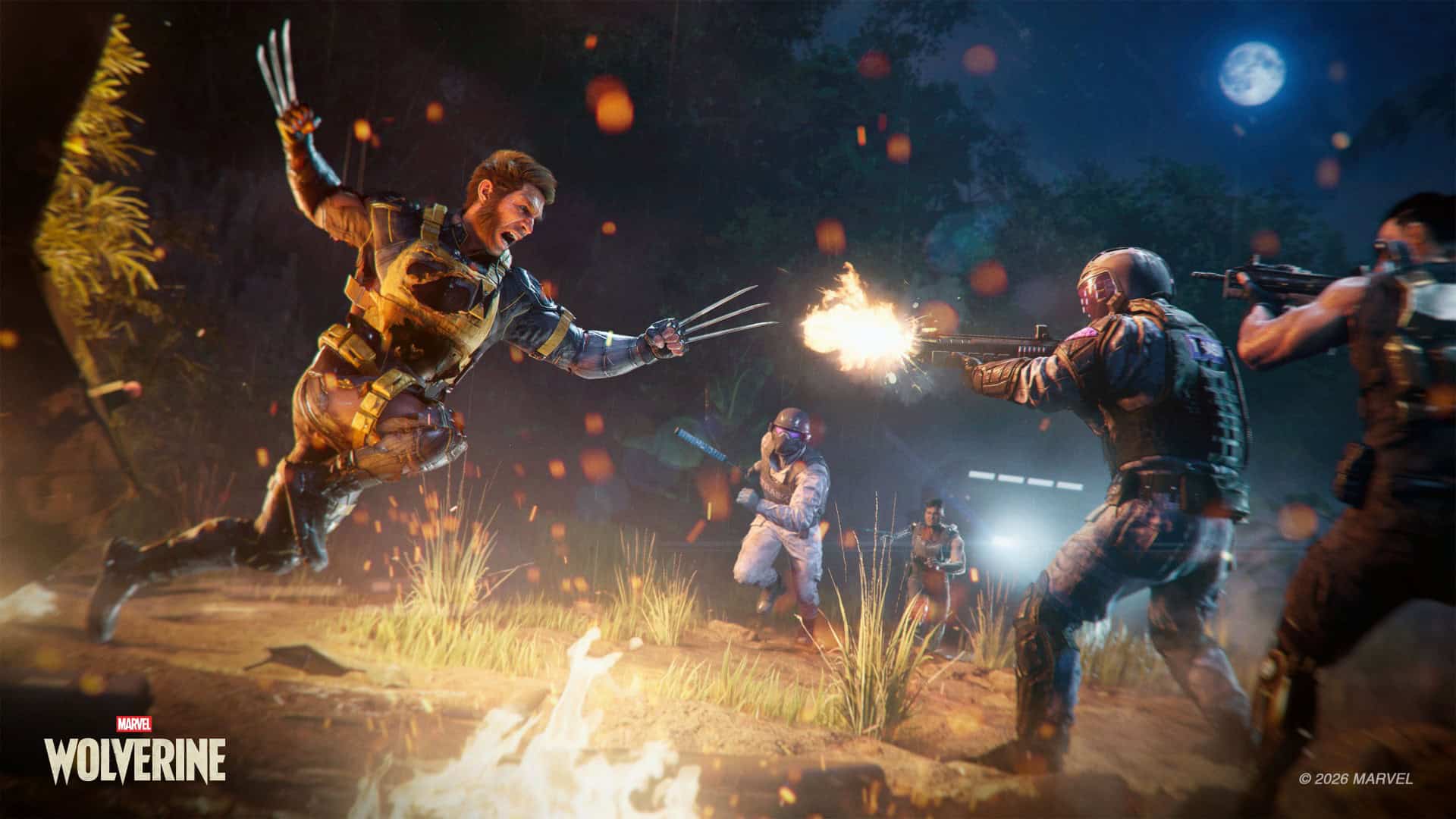 MW_PREVIEWS_TELEMBANGCOMBAT_4k_2026 | The Outerhaven Wolverine charges at armed soldiers in a nighttime jungle battle, claws extended as gunfire and sparks fly around him.